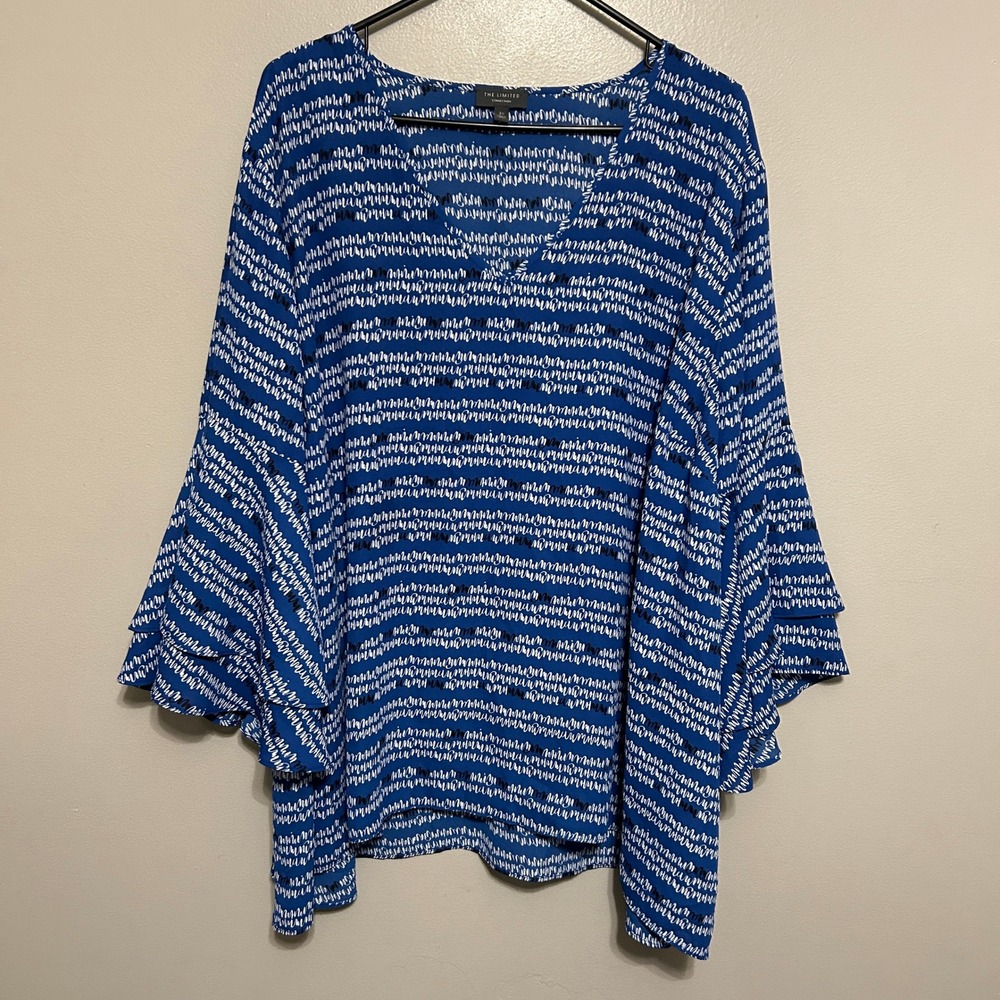 The Limited Blouse 3X Blue Tiered Bell Sleeve Abstract Flowy V-Neck Contemporary
